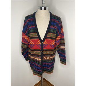 Vintage Kathryn Deene Wool Cardigan Sweater 22 24 Southwestern Western Print